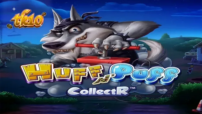 Huff N' Puff CollectR স্লট গেমের একটি দৃশ্য যেখানে শূকর এবং নেকড়ে চরিত্রগুলো দেখা যাচ্ছে।